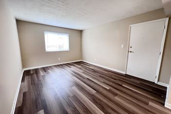 A room with a wooden floor and a white door.